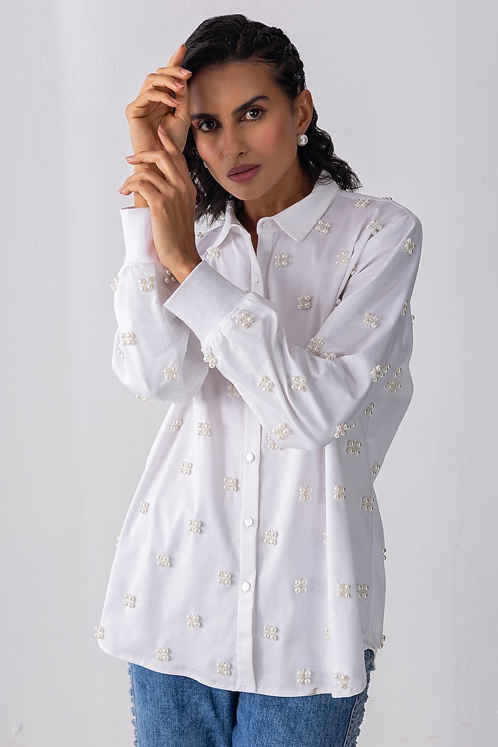 White Cotton Pearl Hand Embroidered Shirt by PEHR ARORA at Pernia's Pop Up Shop