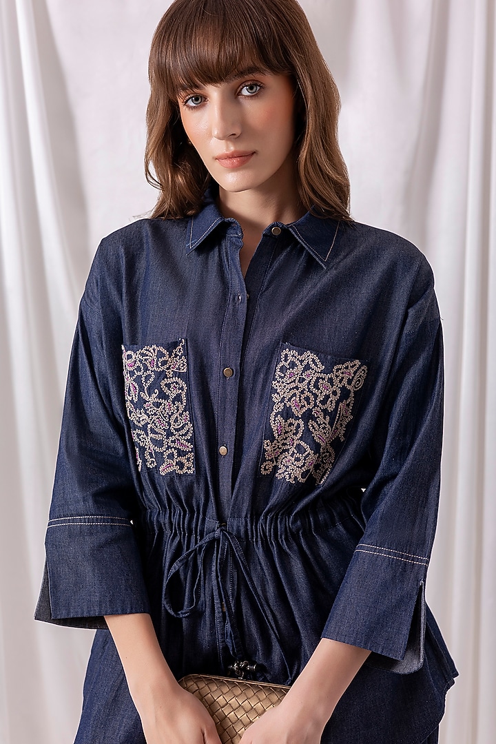 Blue Twill Denim Embroidered Co-ord Set by PEHR ARORA at Pernia's Pop Up Shop