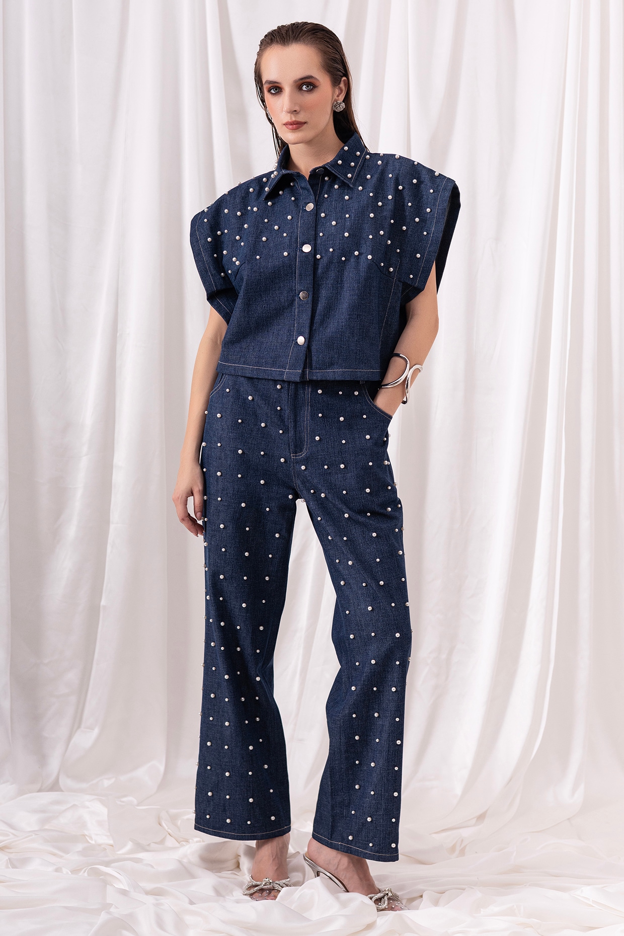 PEHR ARORA Blue Denim Pearl Embellished Co-ord Set