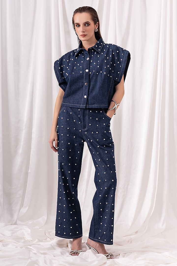 Blue Denim Pearl Embellished Co-ord Set by PEHR ARORA at Pernia's Pop Up Shop