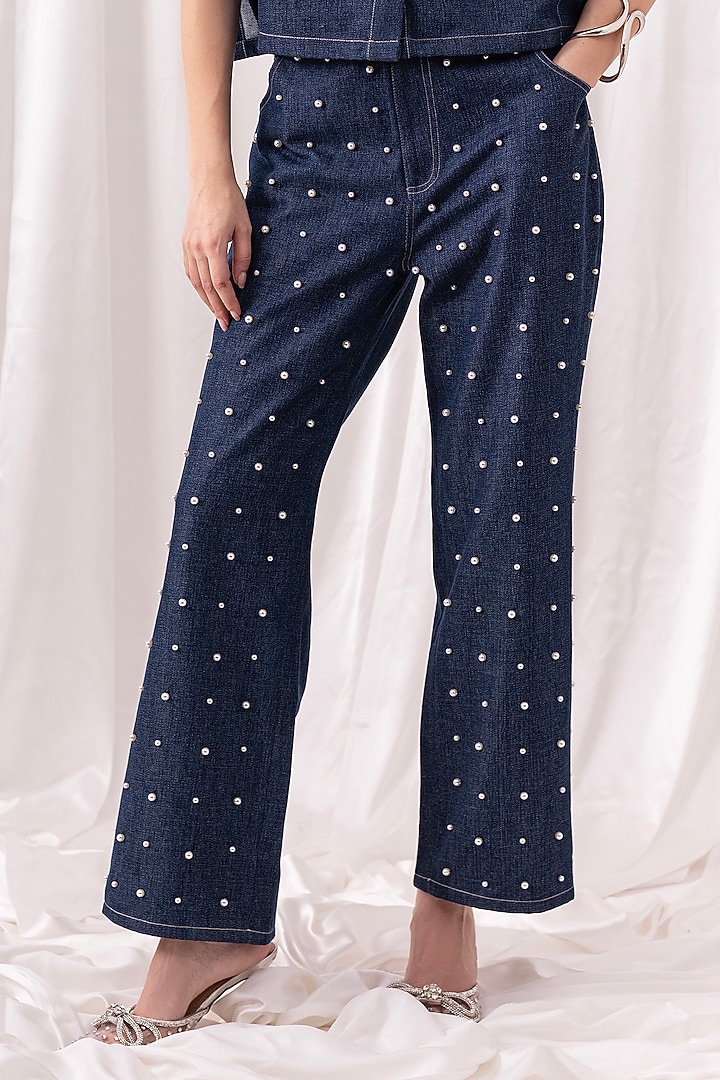 Blue Denim Pearl Embellished Co-ord Set by PEHR ARORA at Pernia's Pop Up Shop