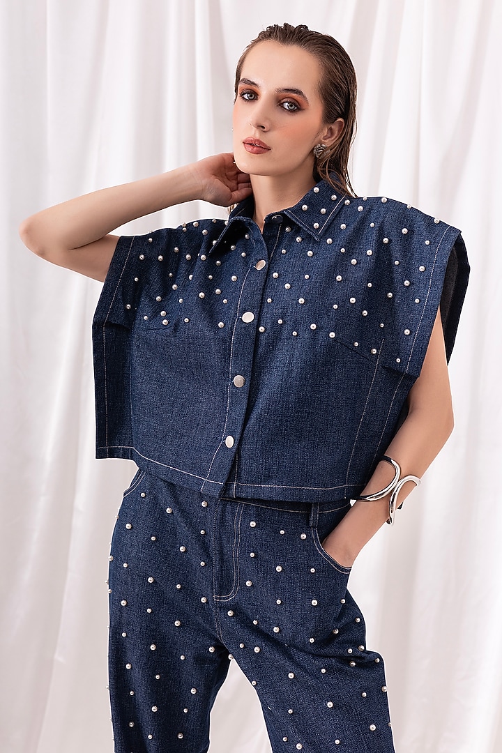 Blue Denim Pearl Embellished Co-ord Set by PEHR ARORA at Pernia's Pop Up Shop