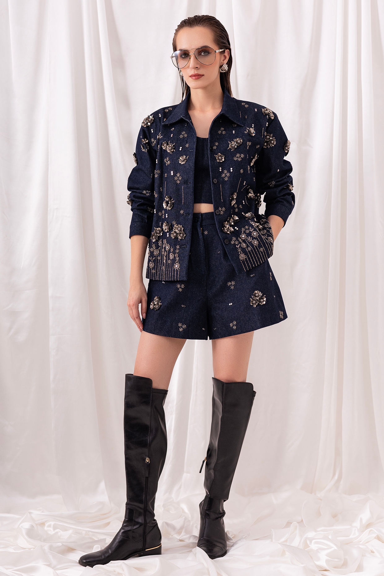 PEHR ARORA Dark Blue Denim Hand-Embroidered Co-ord Set