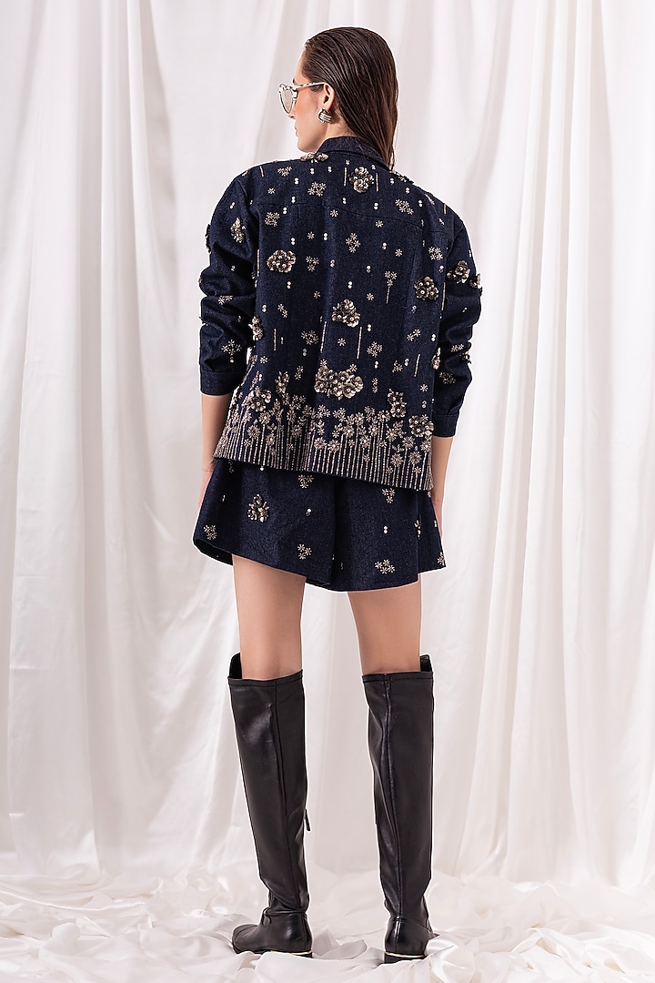 Dark Blue Denim Hand-Embroidered Co-ord Set by PEHR ARORA at Pernia's Pop Up Shop