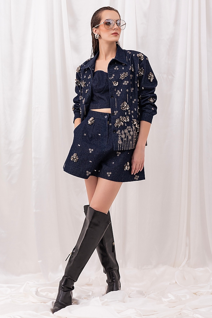 Dark Blue Denim Hand-Embroidered Co-ord Set by PEHR ARORA at Pernia's Pop Up Shop