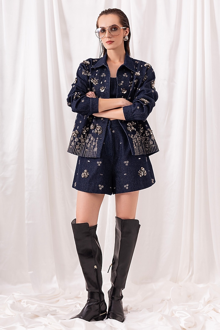 Dark Blue Denim Hand-Embroidered Co-ord Set by PEHR ARORA at Pernia's Pop Up Shop