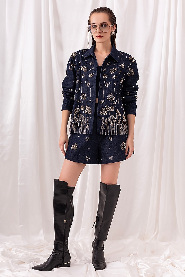 Dark Blue Denim Hand-Embroidered Co-ord Set by PEHR ARORA at Pernia's Pop Up Shop