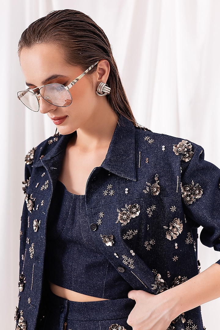 Dark Blue Denim Hand-Embroidered Co-ord Set by PEHR ARORA at Pernia's Pop Up Shop