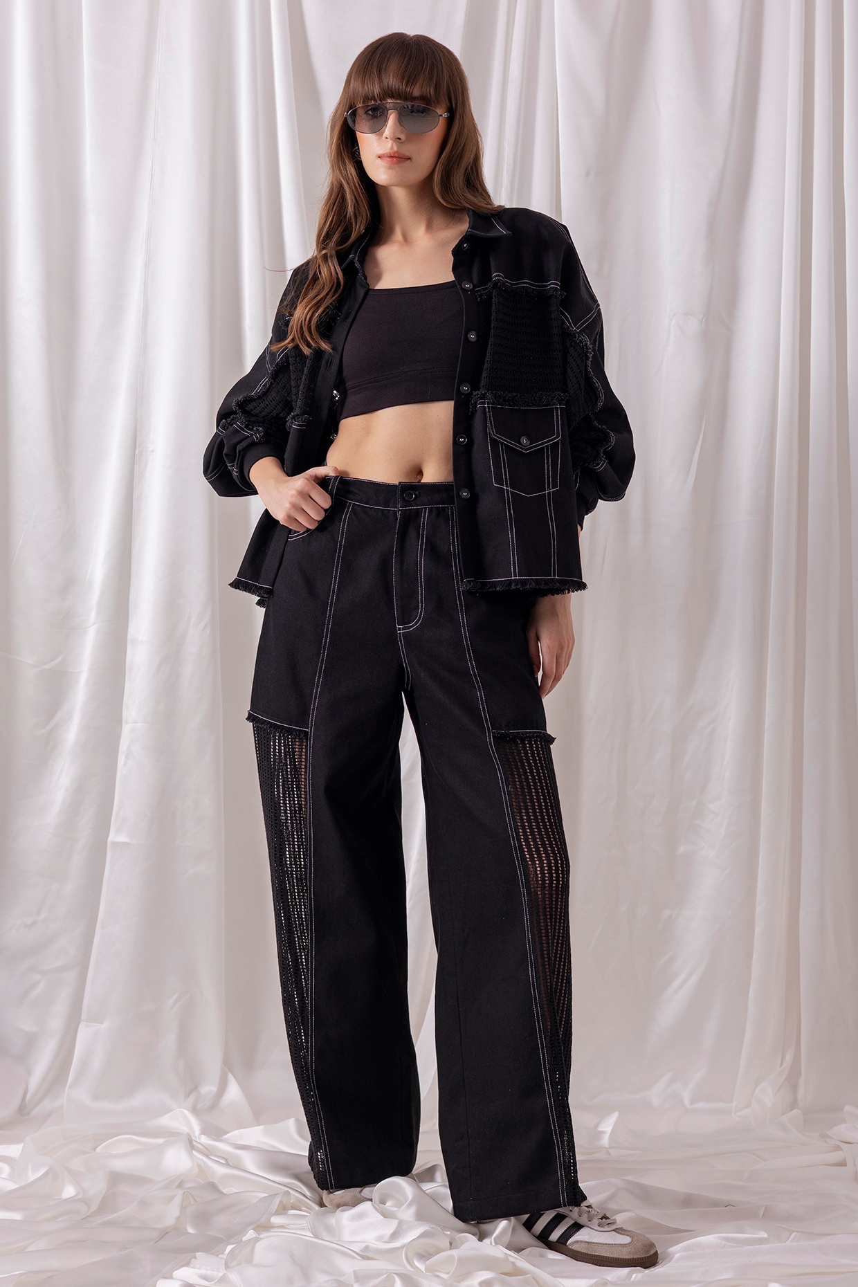 PEHR ARORA Black Denim & Mesh Patchwork Co-ord Set