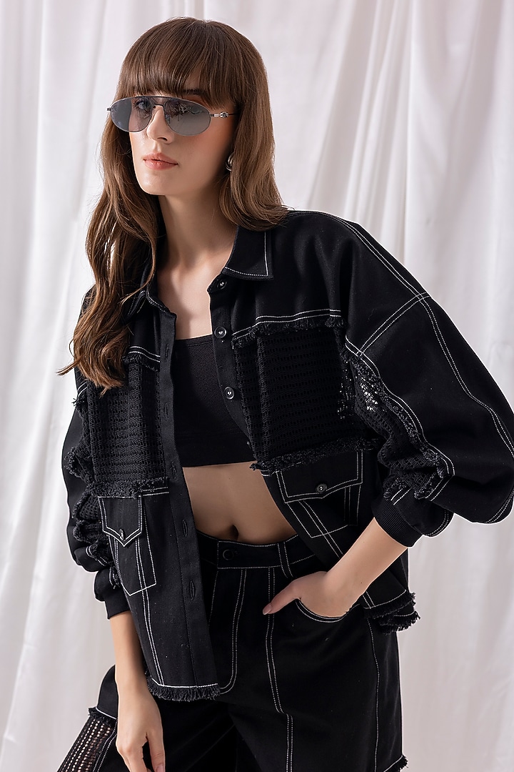 Black Denim & Mesh Patchwork Co-ord Set by PEHR ARORA at Pernia's Pop Up Shop