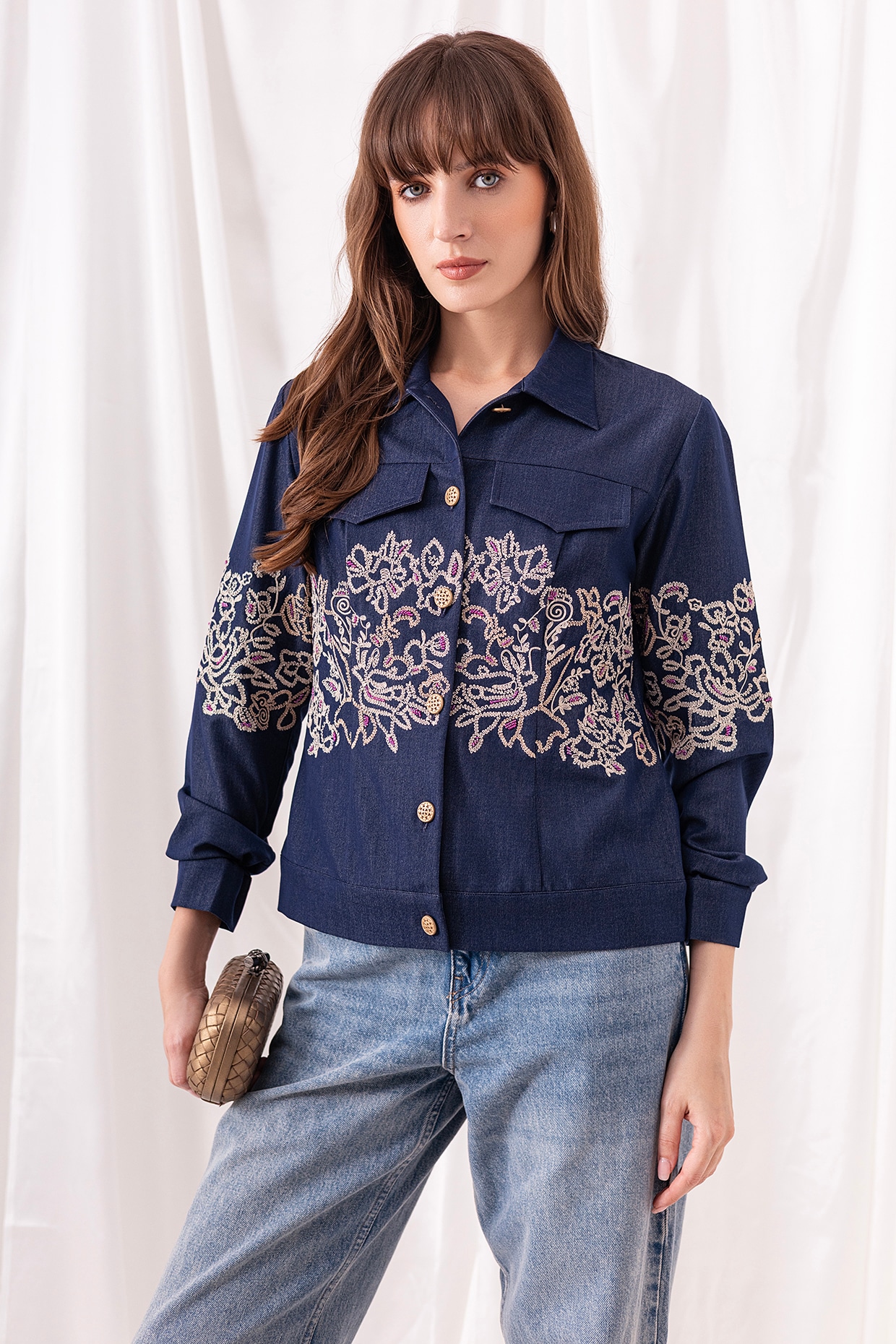 PEHR ARORA Blue Cotton Denim Floral Embroidered Shacket
