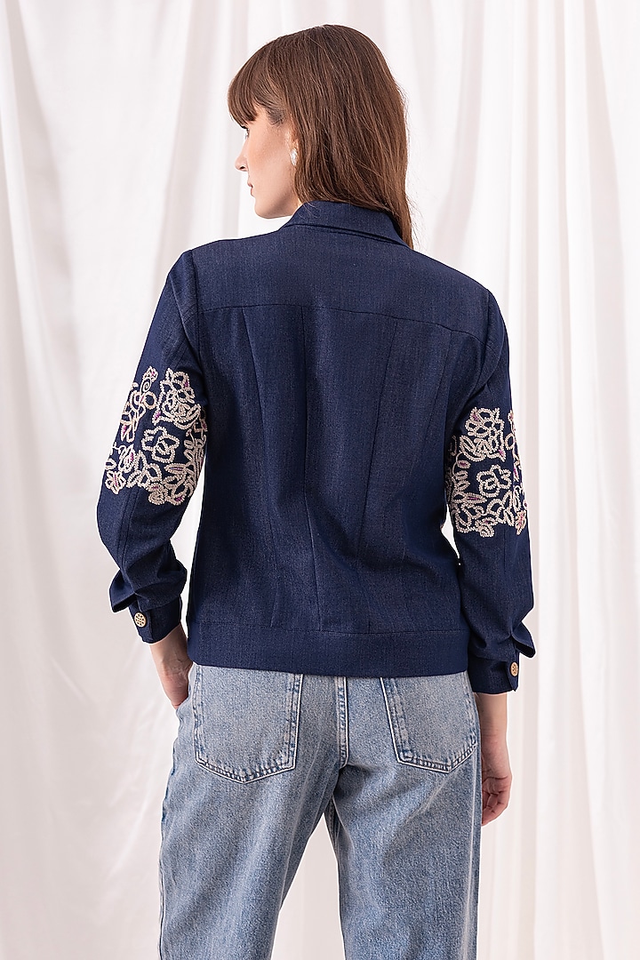 Blue Cotton Denim Floral Embroidered Shacket by PEHR ARORA at Pernia's Pop Up Shop