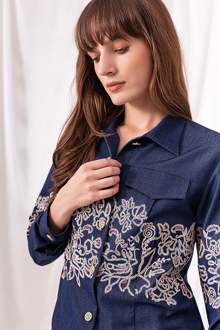 Blue Cotton Denim Floral Embroidered Shacket by PEHR ARORA at Pernia's Pop Up Shop