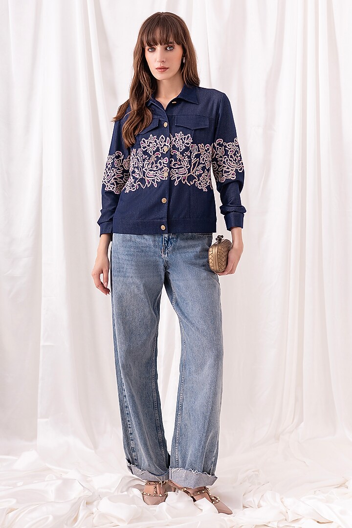 Blue Cotton Denim Floral Embroidered Shacket by PEHR ARORA at Pernia's Pop Up Shop