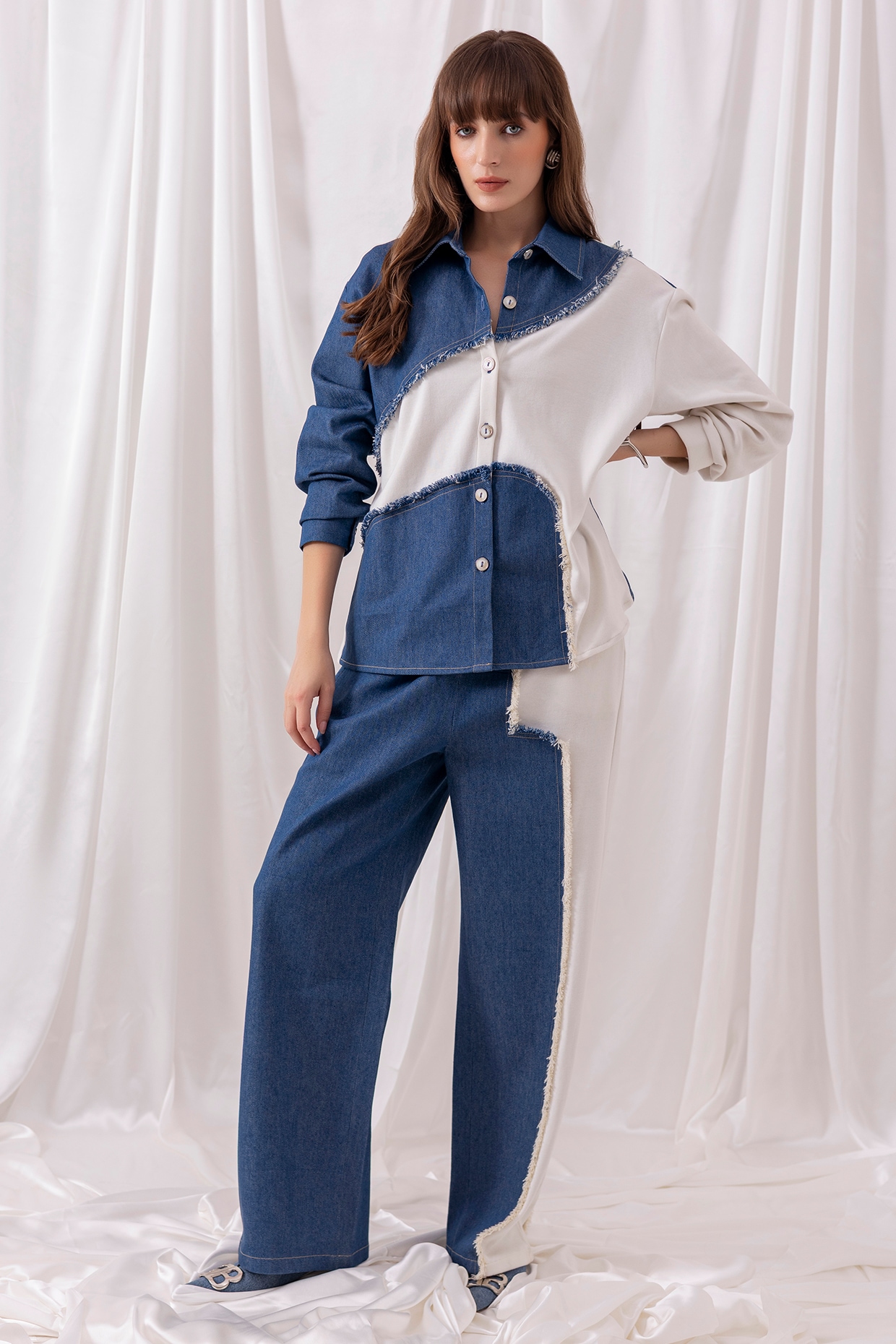 PEHR ARORA White & Blue Denim Patchwork Co-ord Set