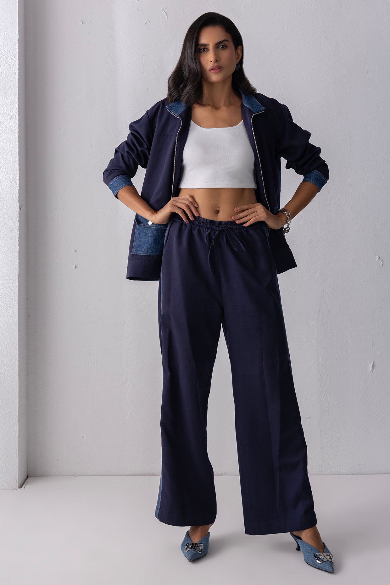 PEHR ARORA Navy Blue Banana Crepe & Denim Zipper Jacket Set