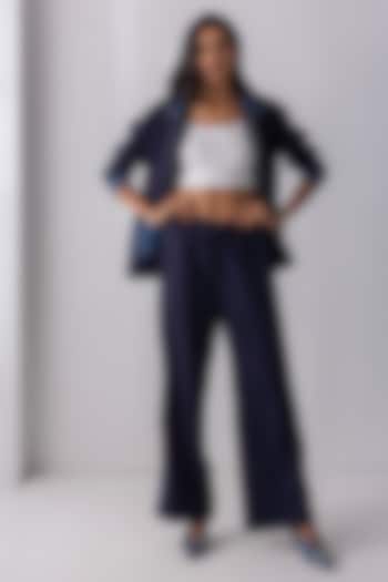 Navy Blue Banana Crepe & Denim Zipper Jacket Set by PEHR ARORA at Pernia's Pop Up Shop