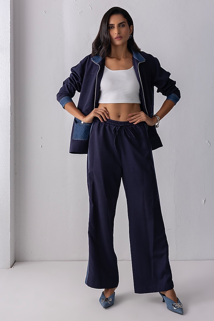 Navy Blue Banana Crepe & Denim Zipper Jacket Set by PEHR ARORA at Pernia's Pop Up Shop