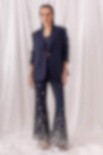 Deep Blue Poly Viscose Sequin Embroidered Pant Set by PEHR ARORA at Pernia's Pop Up Shop