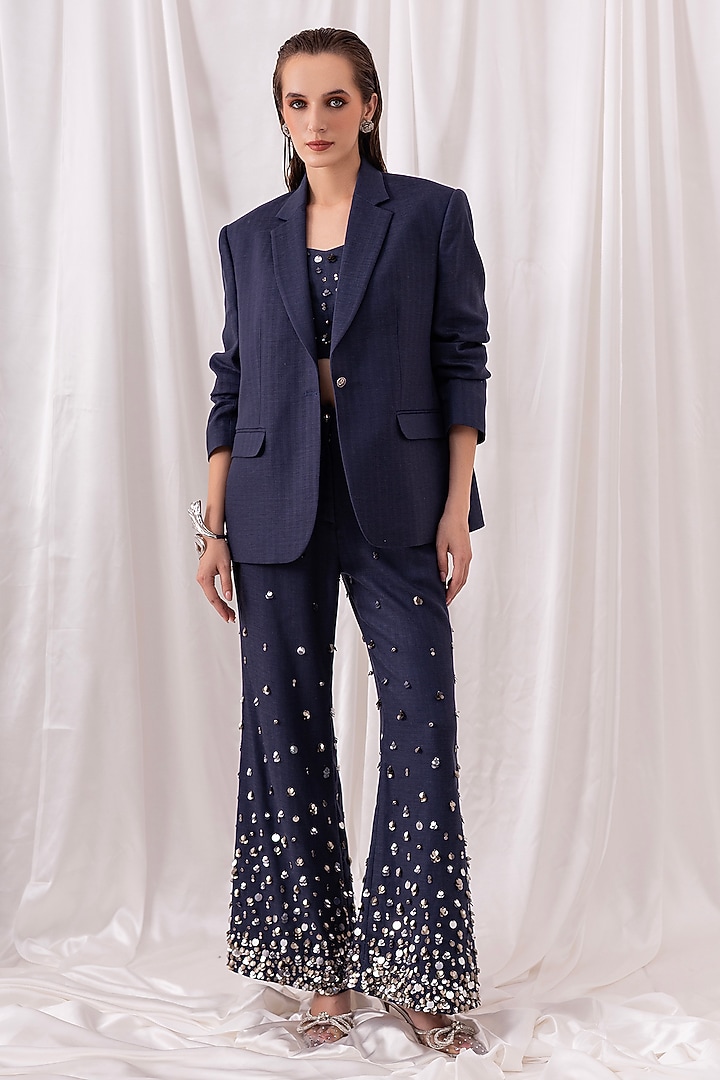 Deep Blue Poly Viscose Sequin Embroidered Pant Set by PEHR ARORA at Pernia's Pop Up Shop