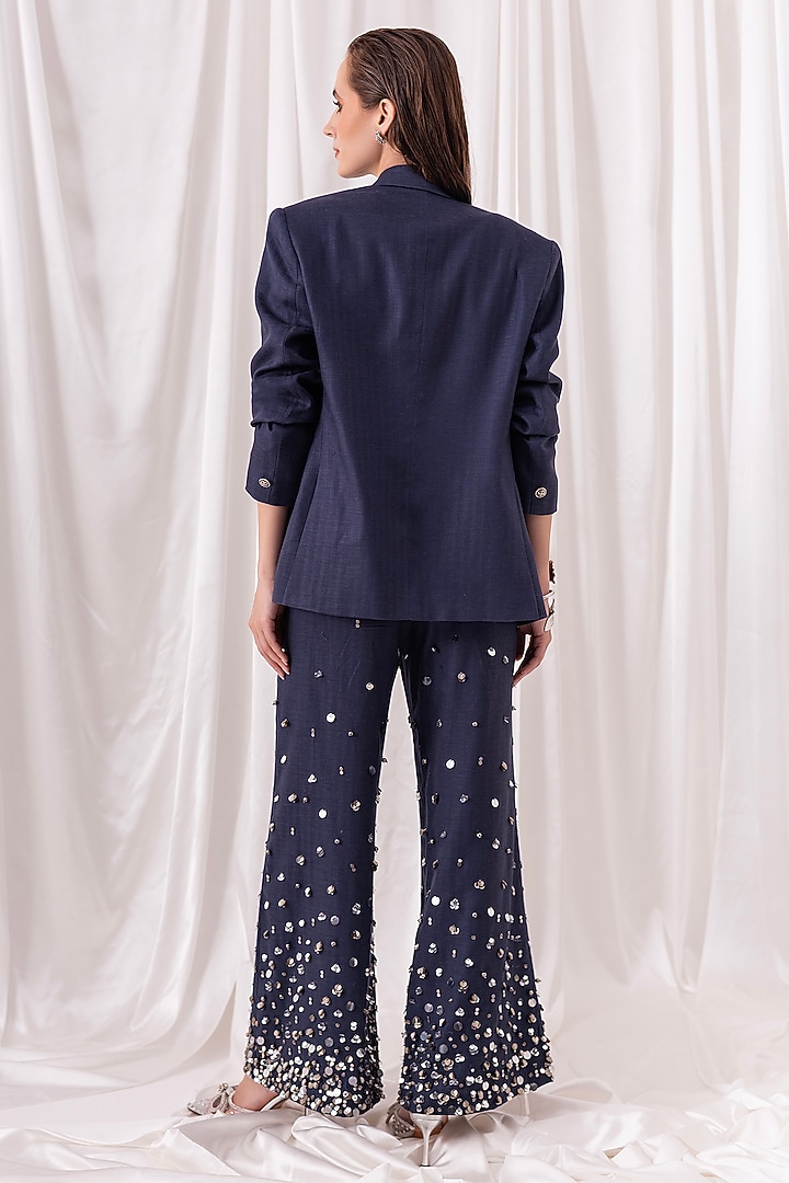 Deep Blue Poly Viscose Sequin Embroidered Pant Set by PEHR ARORA at Pernia's Pop Up Shop