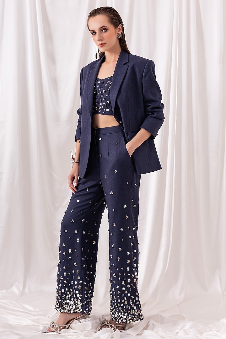 Deep Blue Poly Viscose Sequin Embroidered Pant Set by PEHR ARORA at Pernia's Pop Up Shop