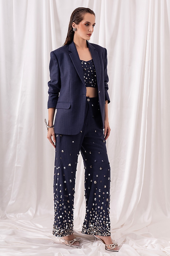 Deep Blue Poly Viscose Sequin Embroidered Pant Set by PEHR ARORA at Pernia's Pop Up Shop
