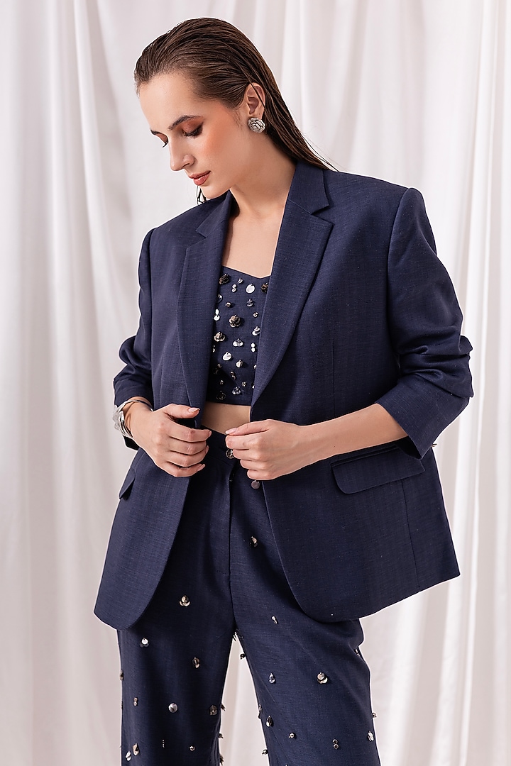 Deep Blue Poly Viscose Sequin Embroidered Pant Set by PEHR ARORA at Pernia's Pop Up Shop