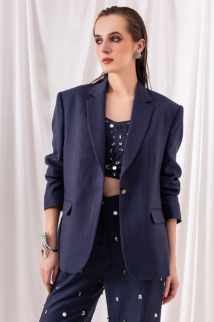 Deep Blue Poly Viscose Sequin Embroidered Pant Set by PEHR ARORA at Pernia's Pop Up Shop