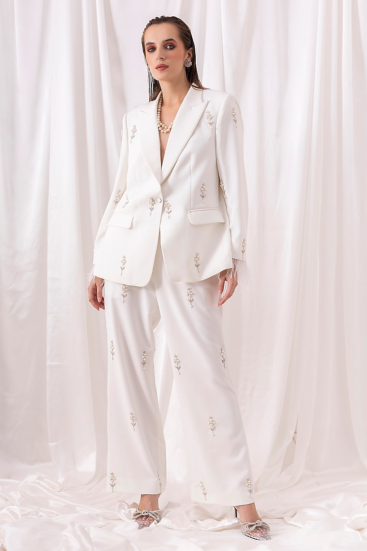 Ivory Banana Crepe Pearl Embroidered Pant Set by PEHR ARORA at Pernia's Pop Up Shop