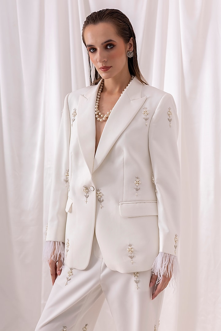 Ivory Banana Crepe Pearl Embroidered Pant Set by PEHR ARORA at Pernia's Pop Up Shop