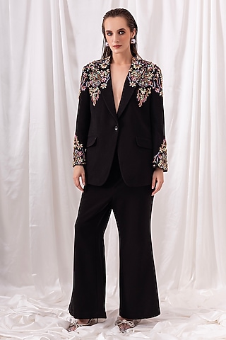 Black Banana Crepe Hand Embroidered Pant Set by PEHR ARORA