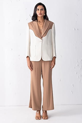 Khaki Banana Crepe & Tweed Blazer Set by PEHR ARORA
