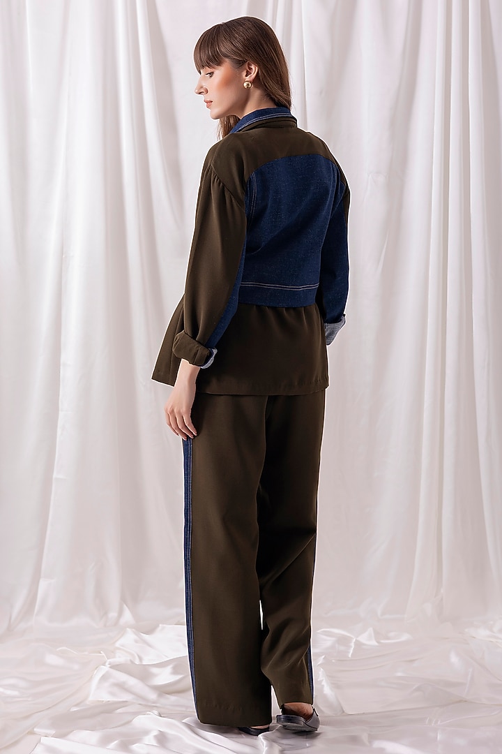 Olive Green Banana Crepe & Denim Panelled Co-ord Set by PEHR ARORA at Pernia's Pop Up Shop