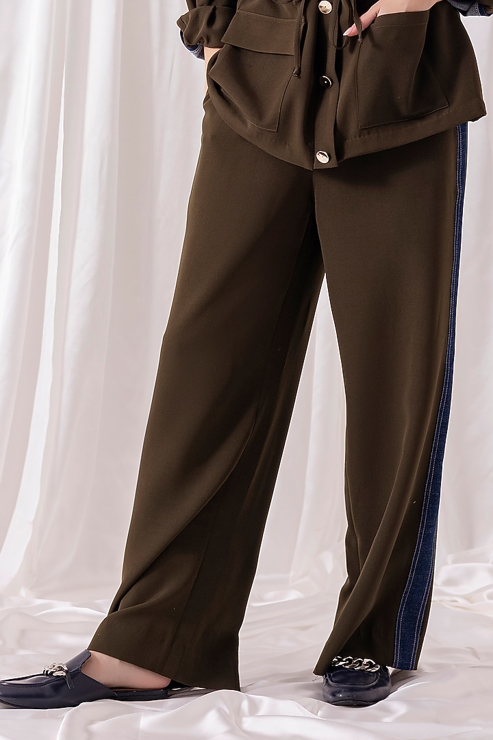 Olive Green Banana Crepe & Denim Panelled Co-ord Set by PEHR ARORA at Pernia's Pop Up Shop