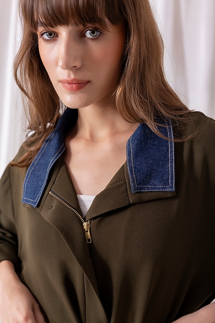 Olive Green Banana Crepe & Denim Panelled Co-ord Set by PEHR ARORA at Pernia's Pop Up Shop