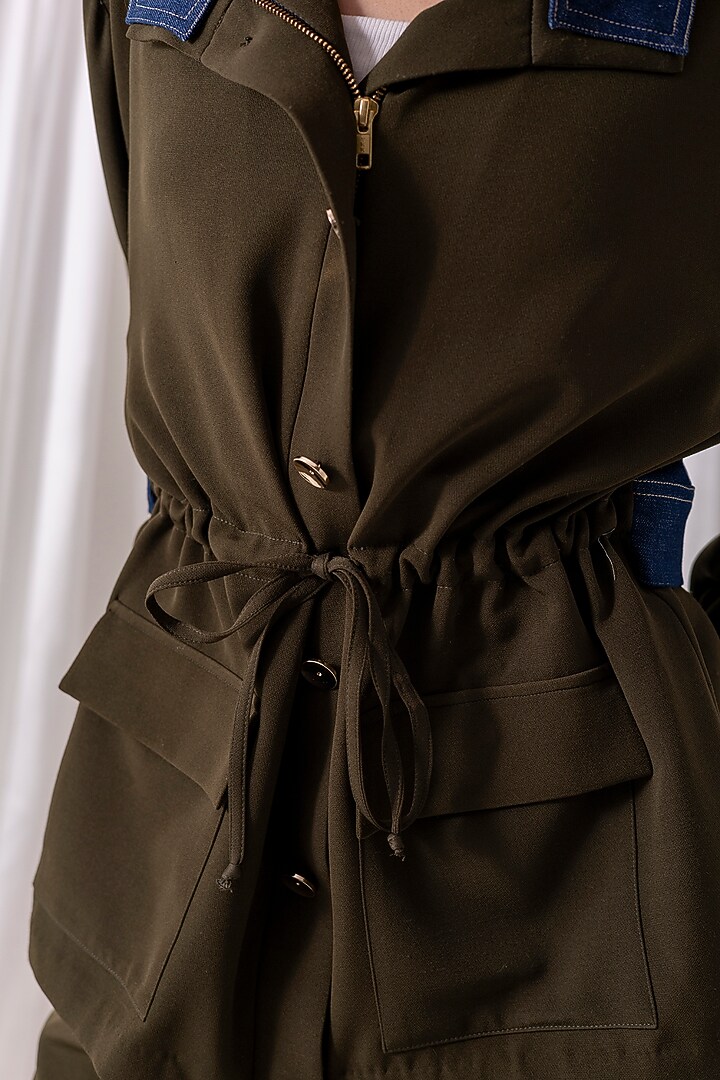 Olive Green Banana Crepe & Denim Panelled Co-ord Set by PEHR ARORA at Pernia's Pop Up Shop