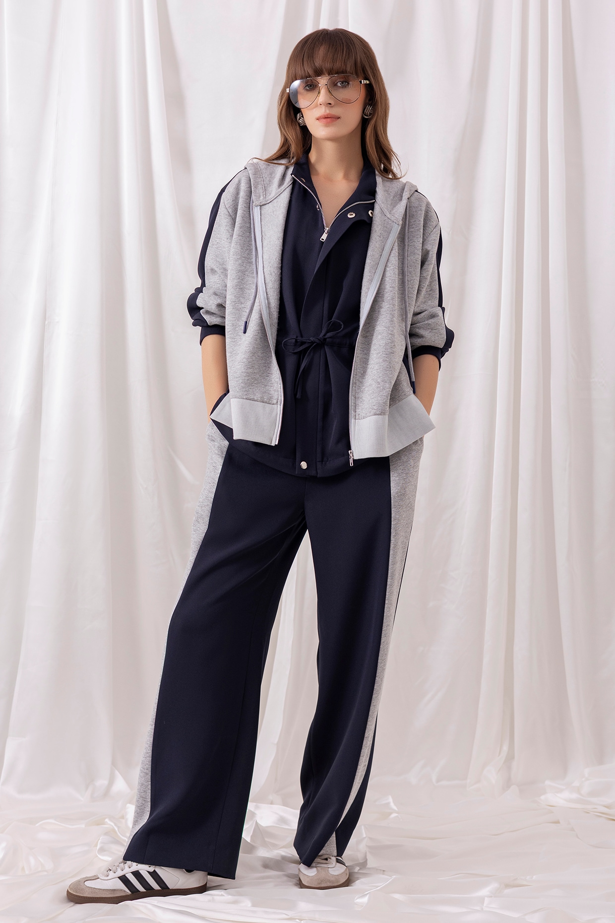 PEHR ARORA Navy Blue Banana Crepe & Fleece Knit Layered Co-ord Set