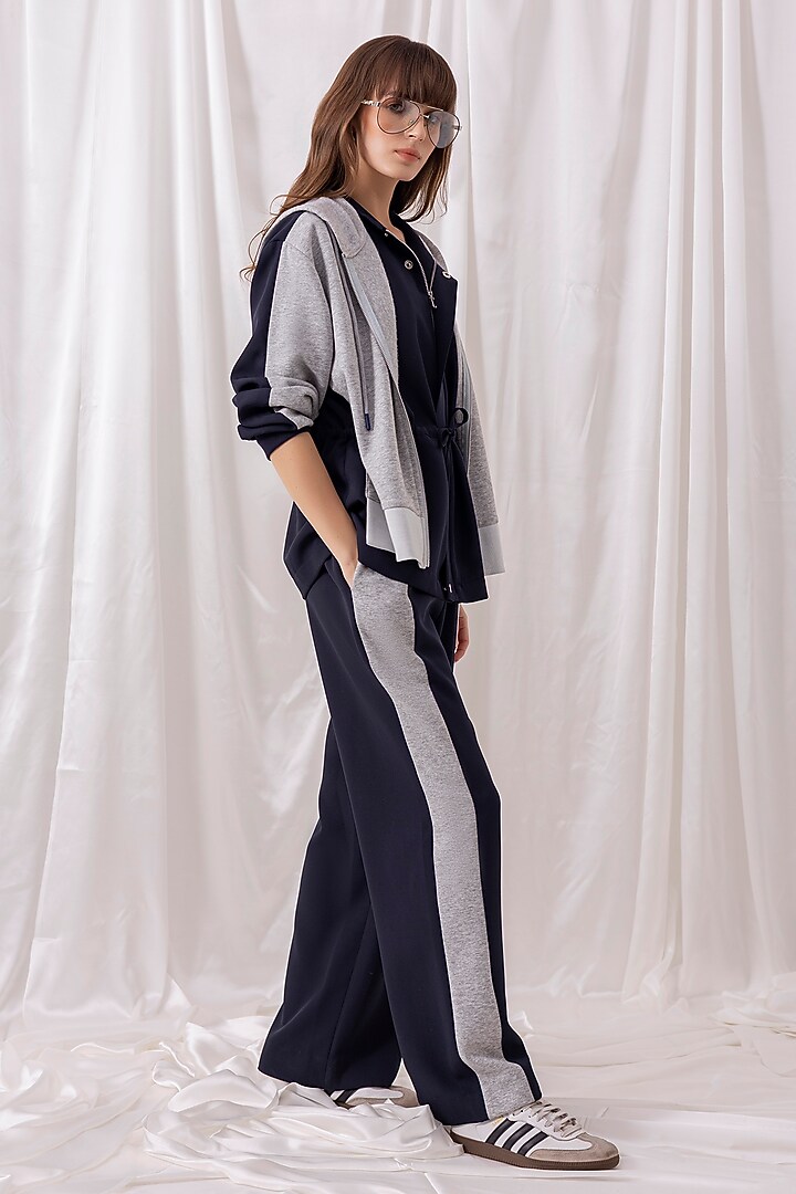 Navy Blue Banana Crepe & Fleece Knit Layered Co-ord Set by PEHR ARORA at Pernia's Pop Up Shop