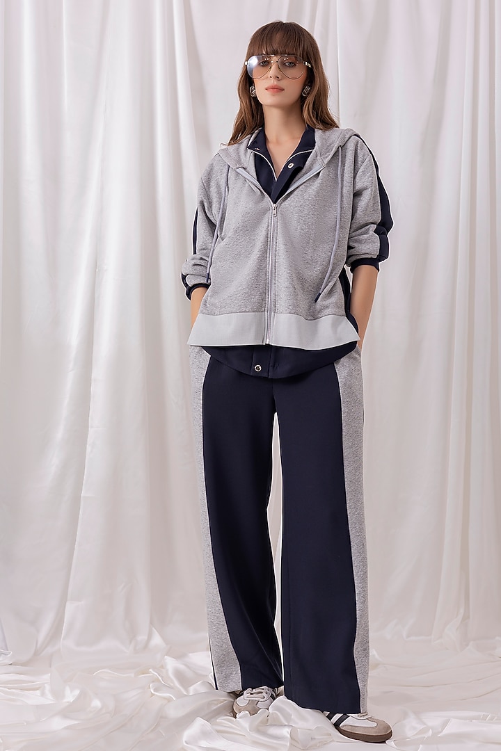 Navy Blue Banana Crepe & Fleece Knit Layered Co-ord Set by PEHR ARORA at Pernia's Pop Up Shop