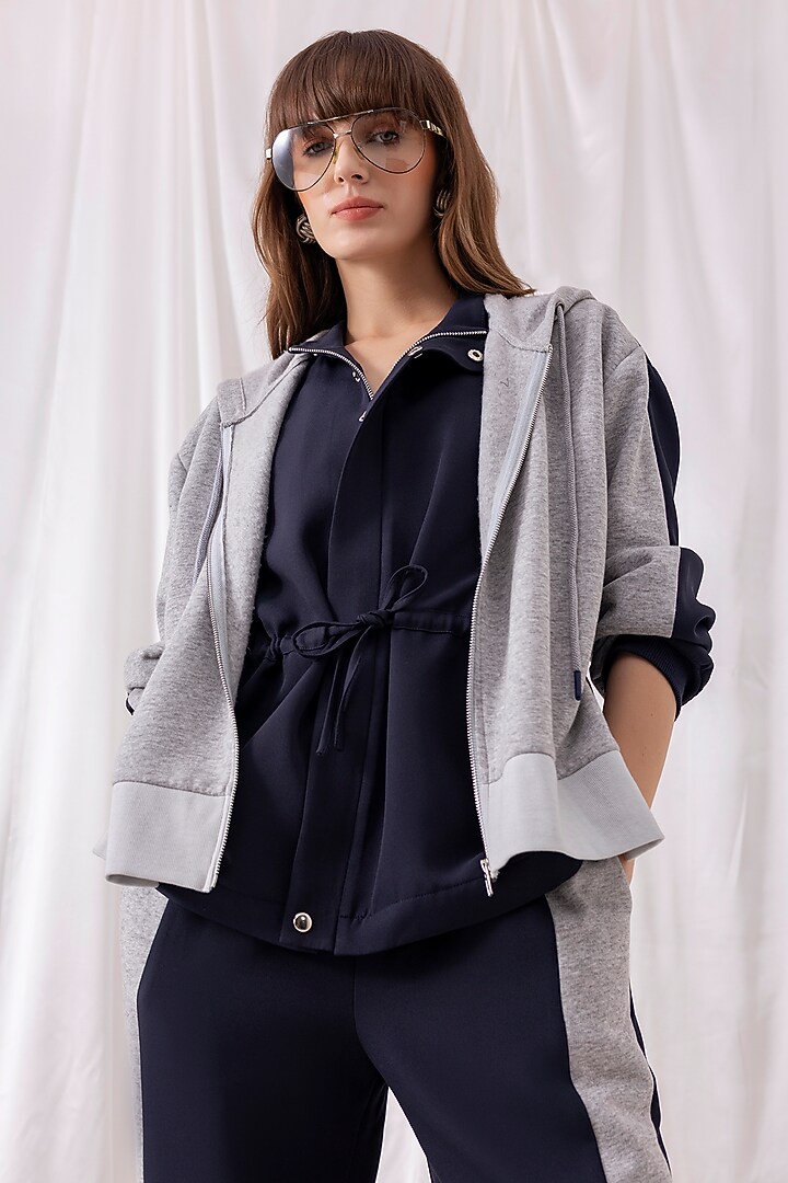 Navy Blue Banana Crepe & Fleece Knit Layered Co-ord Set by PEHR ARORA at Pernia's Pop Up Shop
