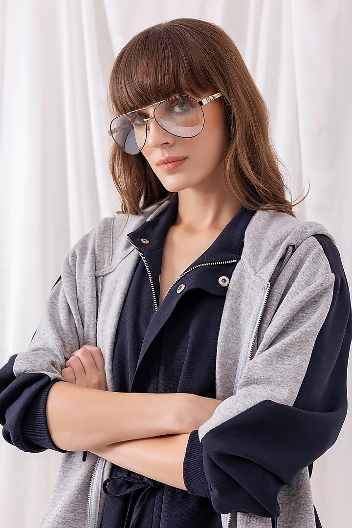 Navy Blue Banana Crepe & Fleece Knit Layered Co-ord Set by PEHR ARORA at Pernia's Pop Up Shop