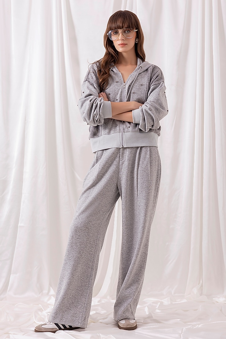 Grey Fleece Knit Embellished Co-ord Set by PEHR ARORA at Pernia's Pop Up Shop