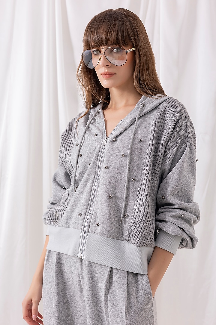 Grey Fleece Knit Embellished Co-ord Set by PEHR ARORA at Pernia's Pop Up Shop
