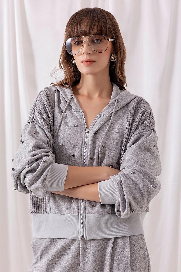 Grey Fleece Knit Embellished Co-ord Set by PEHR ARORA at Pernia's Pop Up Shop