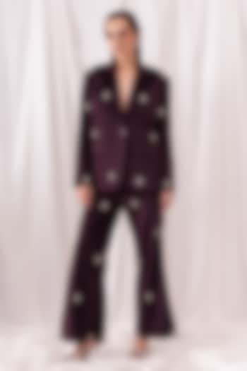 Burgundy Luxury Velvet Hand Embroidered Pant Set by PEHR ARORA at Pernia's Pop Up Shop