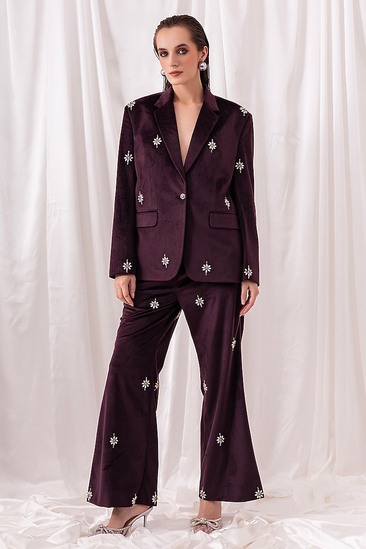 Burgundy Luxury Velvet Hand Embroidered Pant Set by PEHR ARORA at Pernia's Pop Up Shop