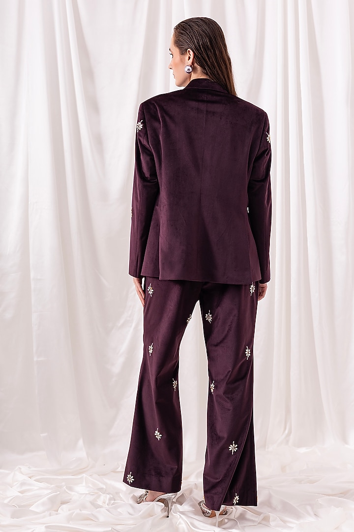 Burgundy Luxury Velvet Hand Embroidered Pant Set by PEHR ARORA at Pernia's Pop Up Shop