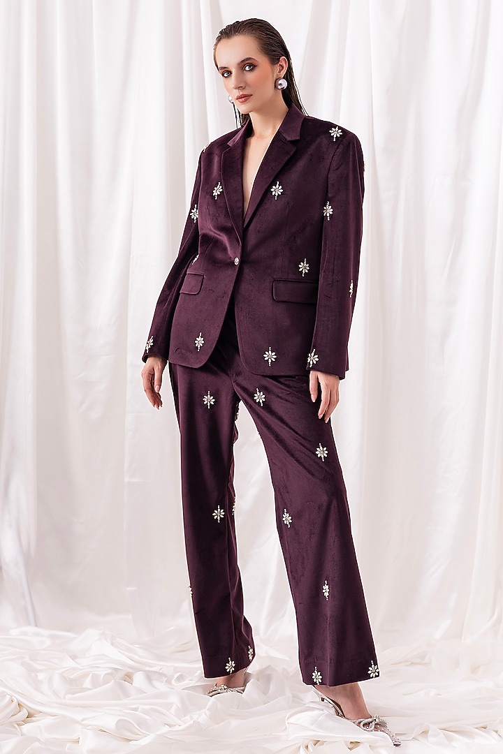 Burgundy Luxury Velvet Hand Embroidered Pant Set by PEHR ARORA at Pernia's Pop Up Shop