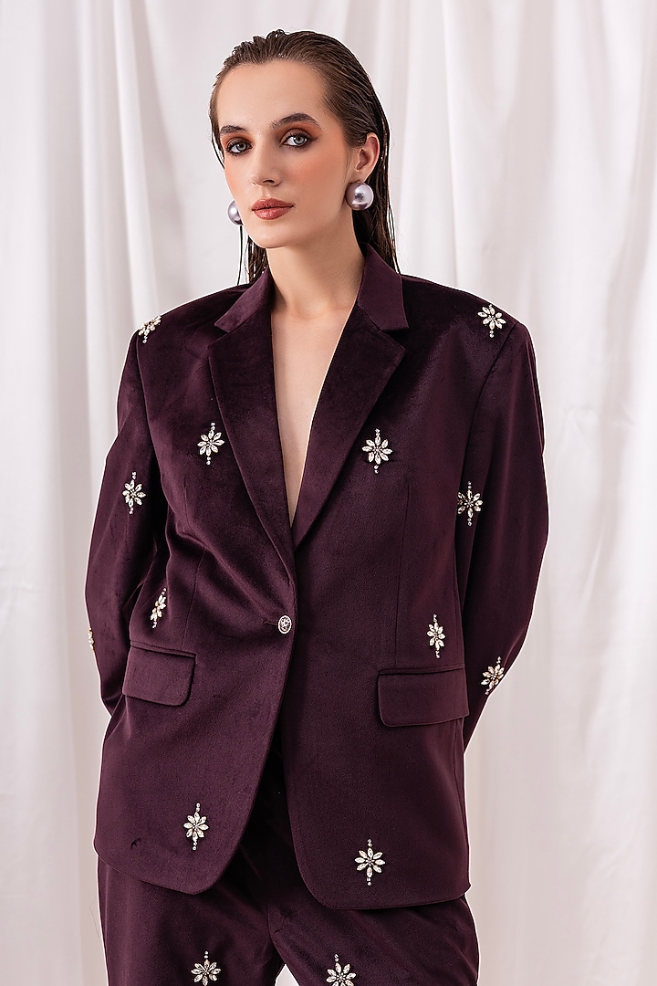 Burgundy Luxury Velvet Hand Embroidered Pant Set by PEHR ARORA at Pernia's Pop Up Shop